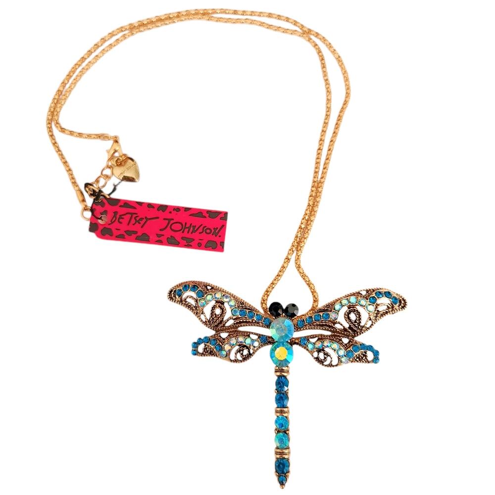 BETSEY JOHNSON Dragonfly bling statement chain crystal necklace gold blue NEW - Picture 5 of 5